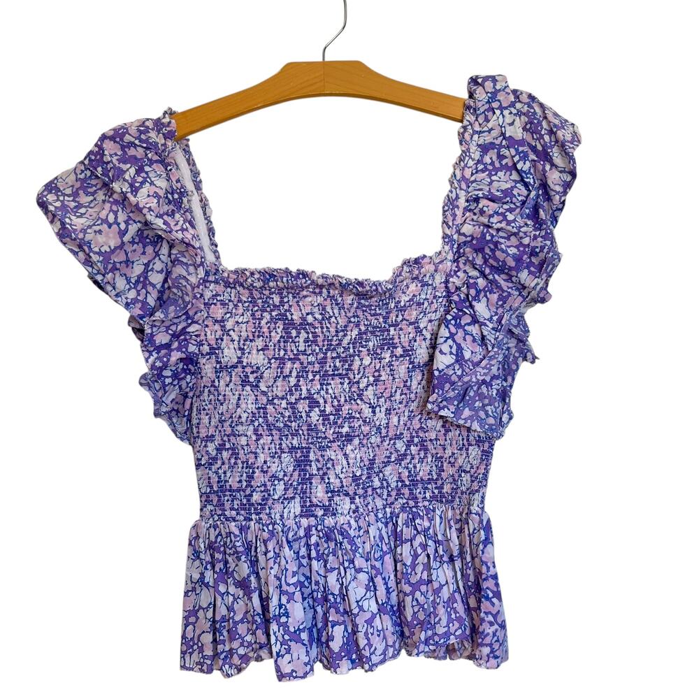 Love The Label Smocked Square Neck Top Martine Lavender Purple Floral Ruffle M